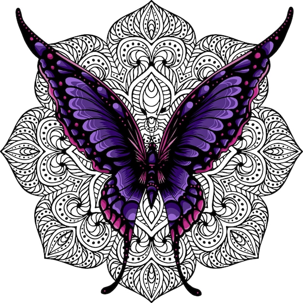 Vector illustration of butterfly with mandala on white background