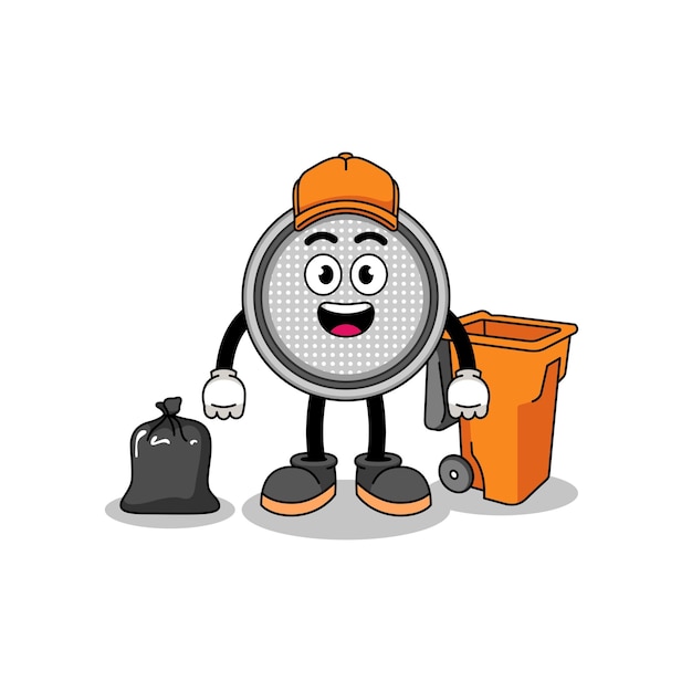 Illustration of button cell cartoon as a garbage collector character design