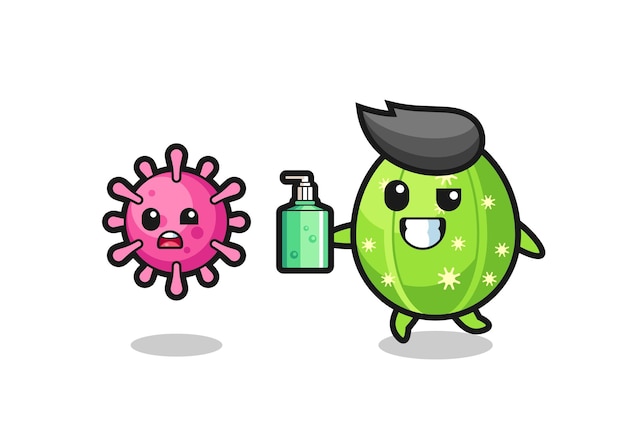 Illustrazione del personaggio del cactus che insegue il virus malvagio con un disinfettante per le mani