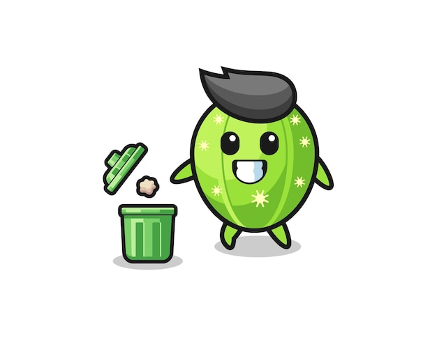 Illustration of the cactus throwing garbage in the trash can cute design