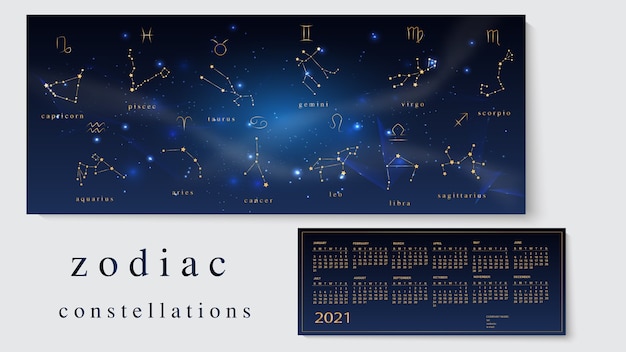 Illustration of calendar for with zodiac constellations.