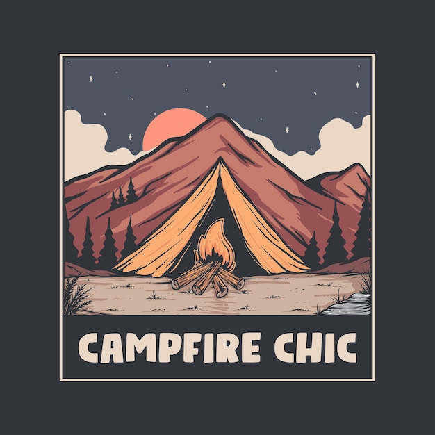 Illustration of camping in the wild with a campfire