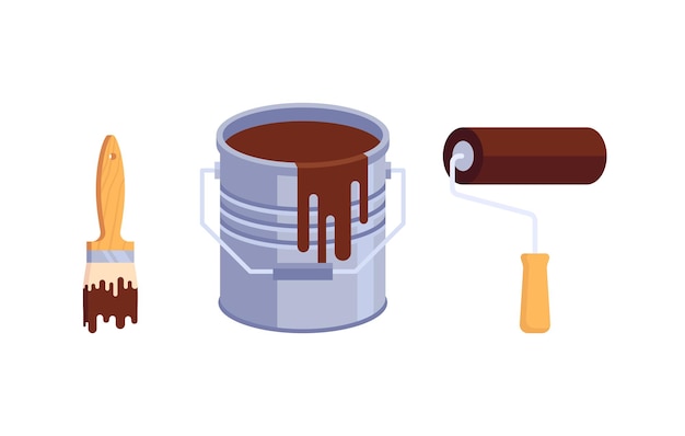 Vector illustration of a can of brown paint and a brush and roller