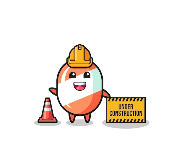 Illustration of candy with under construction banner cute design