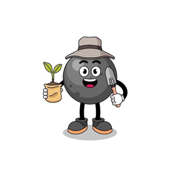 Illustration of cannon ball cartoon holding a plant seed