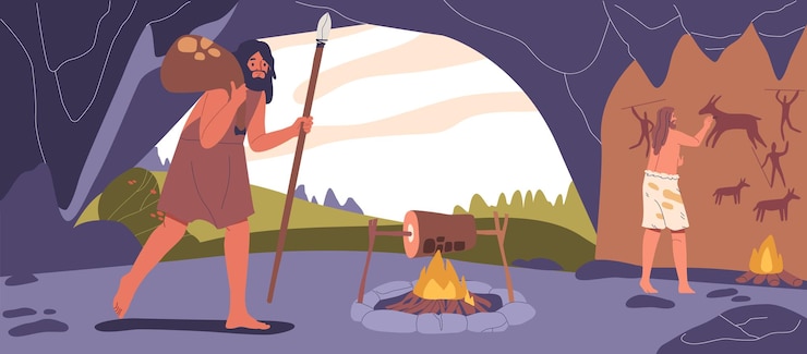 Vector illustration captures stone age life with hunter carrying a spear and a bundle of goods in a cave
