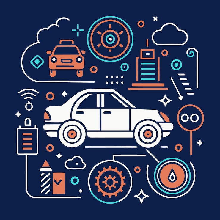 Vector illustration of a car driving in a city with a variety of abstract shapes and symbols around it