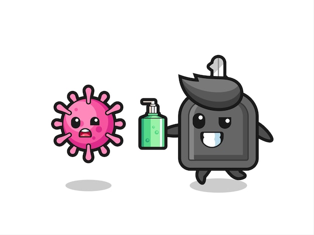 Illustration of car key character chasing evil virus with hand sanitizer