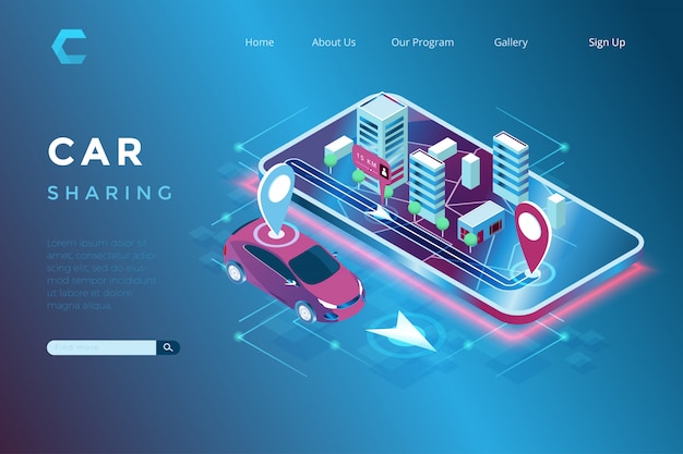 Vector illustration of car sharing and location integrated iot in isometric 3d style