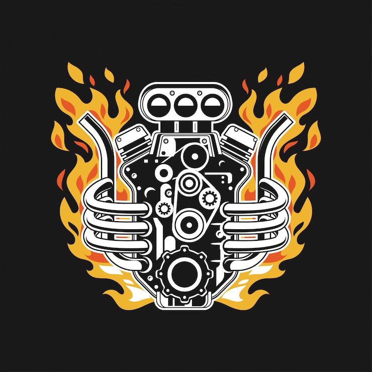 Illustration Car Turbo Engine with Fire on Exhaust Pipe