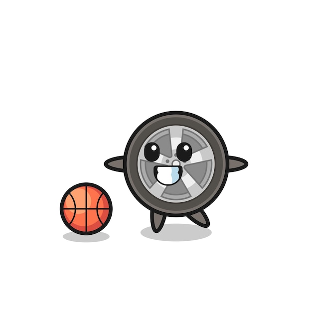 Illustration of car wheel cartoon is playing basketball