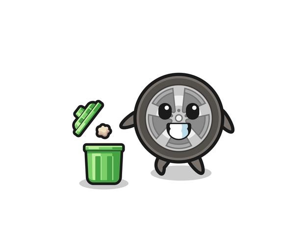 Illustration of the car wheel throwing garbage in the trash can