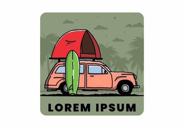 Illustration of car with a roof tent and a surfboard on the side