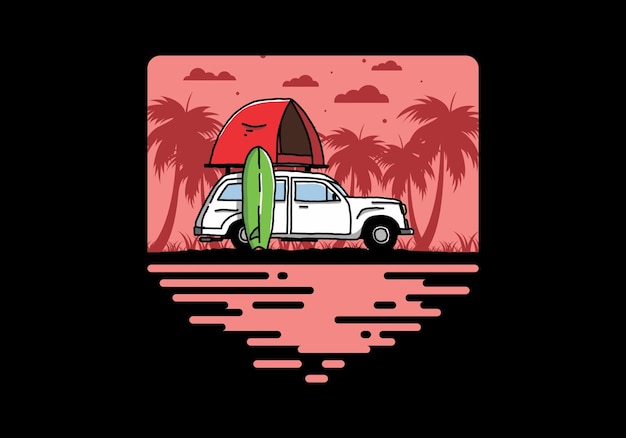 Illustration of car with a roof tent and a surfboard on the side