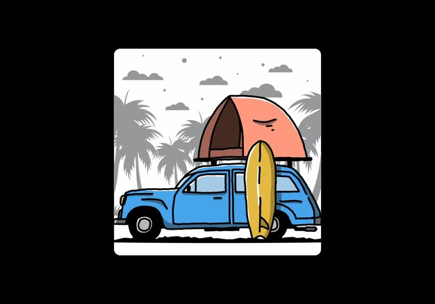 Illustrazione di un'auto con una tenda sul tetto e una tavola da surf sul lato