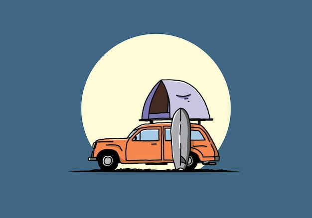 Illustrazione di un'auto con una tenda sul tetto e una tavola da surf sul lato