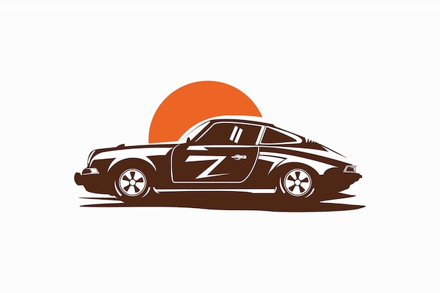 Illustration of a car with sunsets in a vintage style