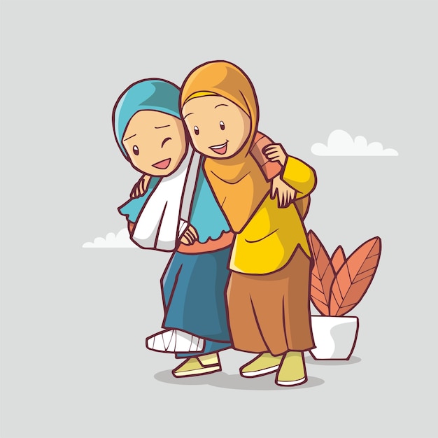 Illustration of a caring girl helps her sick friend to walk