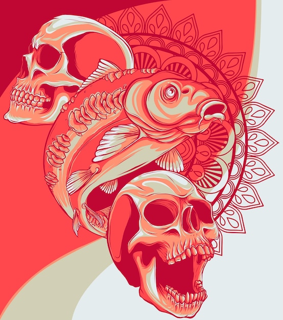 Vector illustration of carp fish with skulls