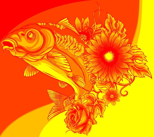 Illustration of carp and flowers