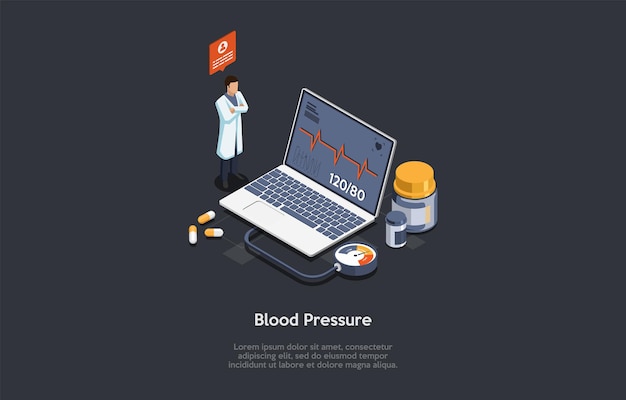 Illustration In Cartoon 3D Style. Blood Pressure Measuring Concept Design