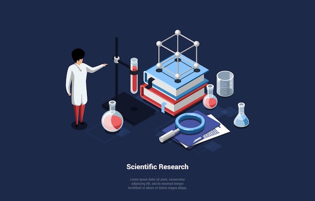 Vector illustration in cartoon 3d style of scientific research concept