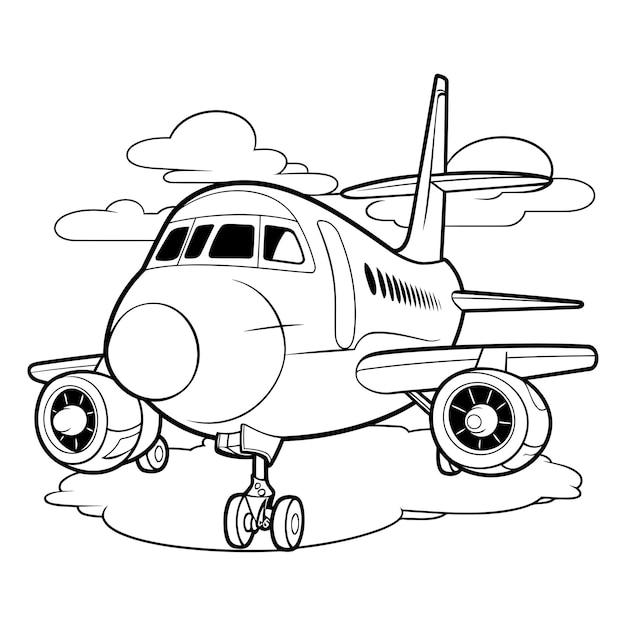 Vector illustration of a cartoon airplane on the ground with clouds in the background