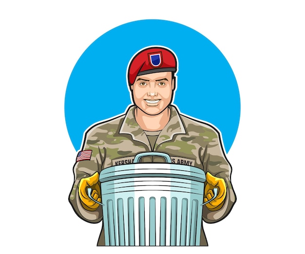 illustration of cartoon american veteran army carrying trash can logo design vector template