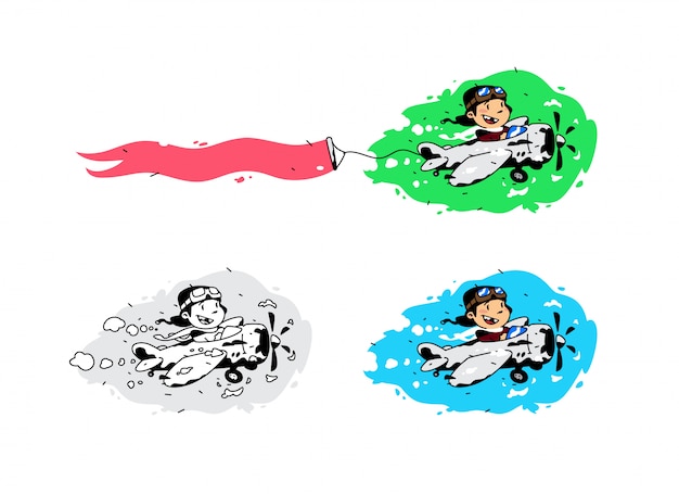 Vector illustration of a cartoon boy flying in a plane with a ribbon