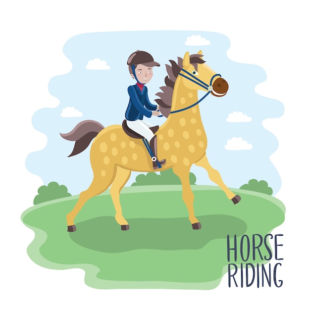 Vector illustration of cartoon boy jockey on a horse dressed jockey costume