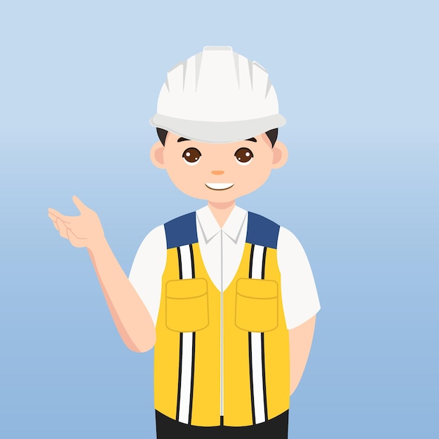イラスト漫画のキャラクター。建設現場で白い安全ヘルメットとベストを持つエンジニア。