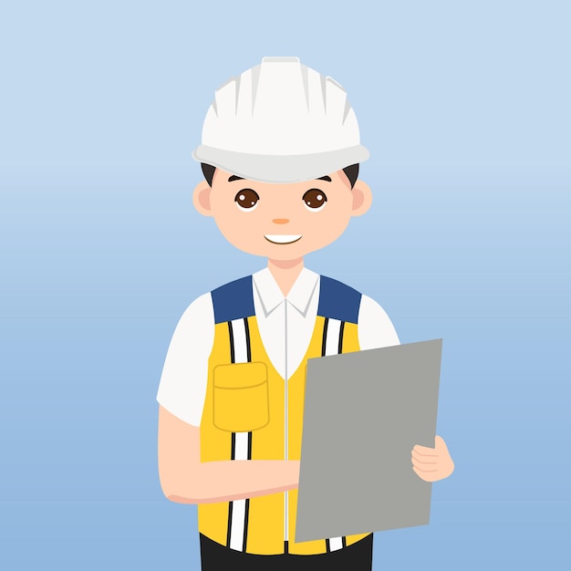 Vector illustration cartoon character. engineer with white safety helmet and vest in construction site.