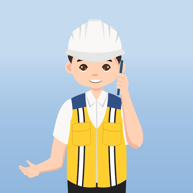 イラスト漫画のキャラクター。建設現場で白い安全ヘルメットとベストを持つエンジニア。