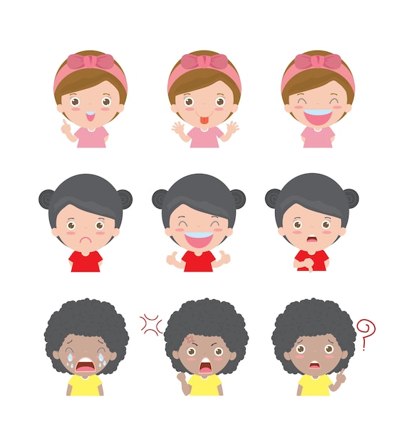 Vector illustration of cartoon character kids with different emotions