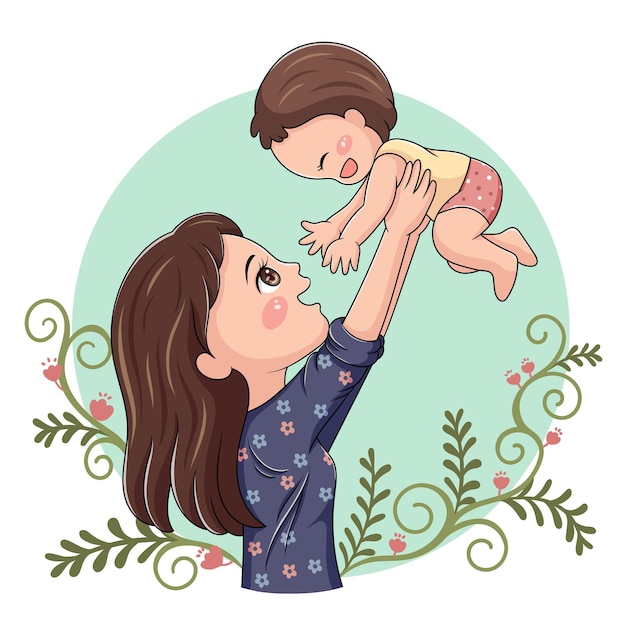 Illustration of cartoon character mother and baby