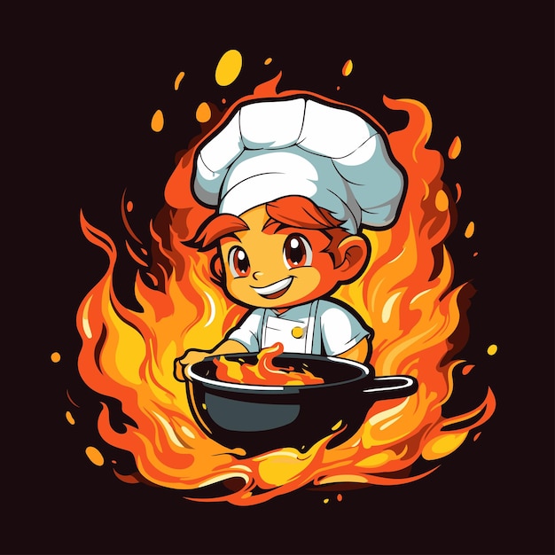 Vector illustration of a cartoon chef with a frying pan on fire background