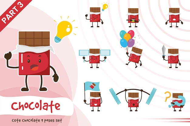 Illustration of cartoon chocolate poses set.