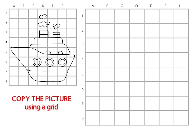 illustration of cartoon copy grid puzzle with ship for kids