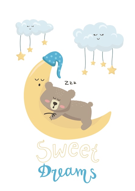 Vector illustration cartoon cute bear boy sleeping on the moon and clouds with lettering sweet dreams