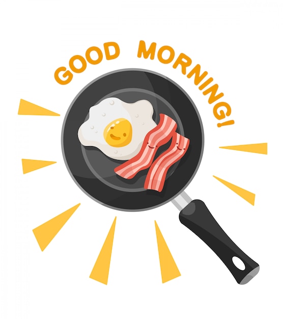  illustration of cartoon eggs and bacon on a pan