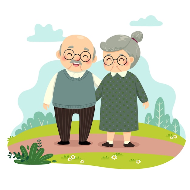 Vector illustration cartoon of elderly couple standing and holding hands in the park. happy grandparents day concept.