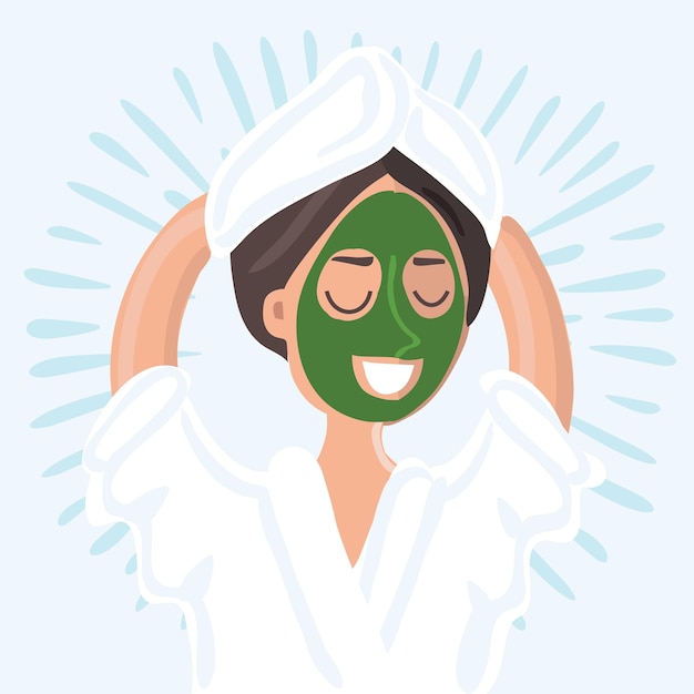 Illustration of cartoon face of a beautiful woman with cosmetic mask in spa salon