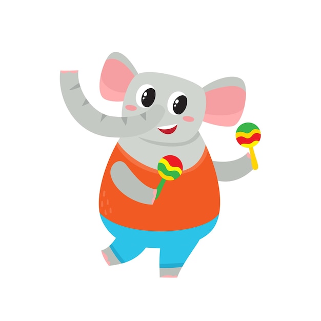만화 재미있는 코끼리 흰색 배경에 고립의 그림. 귀엽고 재미있는 동물, 마라카스가있는 코끼리 캐릭터
