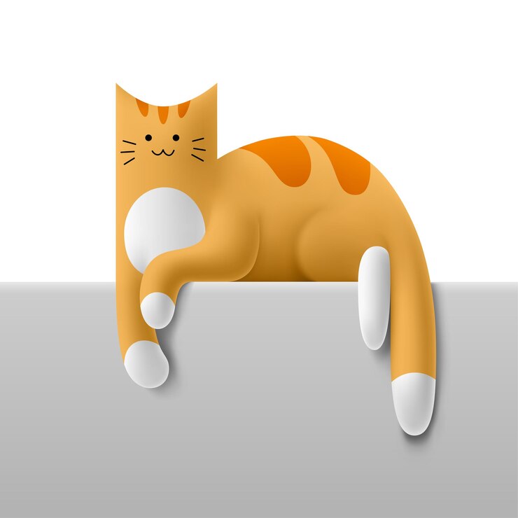 Vector illustration of cartoon ginger happy cat lying on surface 3d cute funny tabby kitten with hanging paws and tail isolated vector template of yellow volumetric cat