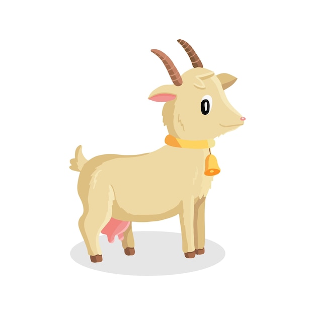 Vector illustration of a cartoon goat with a yellow bell standing isolated on white background