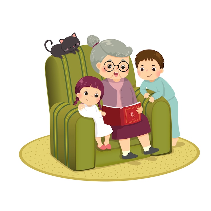Vector おばあちゃんがソファで孫に物語を語るイラスト漫画。