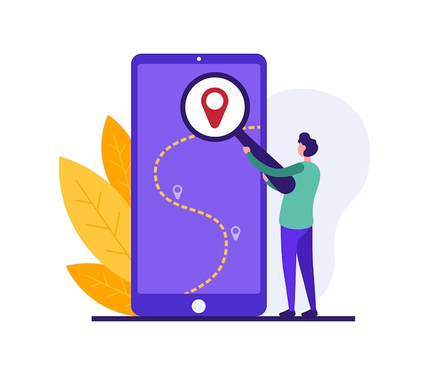 Vector illustration of cartoon guy with magnifying glass searching for location on gps map