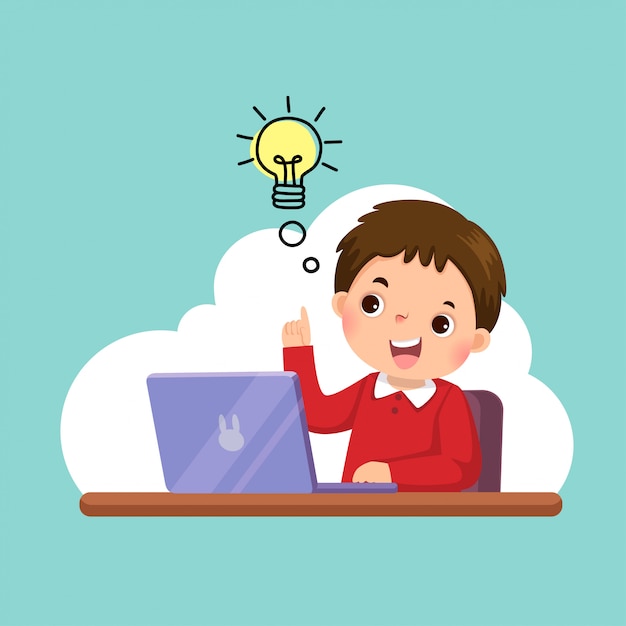 Illustration of a cartoon happy boy with his laptop having a good idea. education concept.