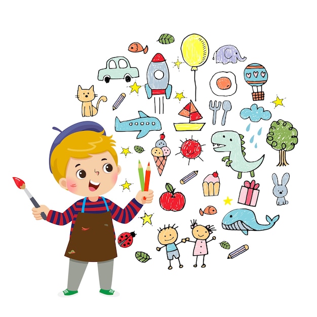 Illustration cartoon of little boy artist painting with color pencils and brush on white background.