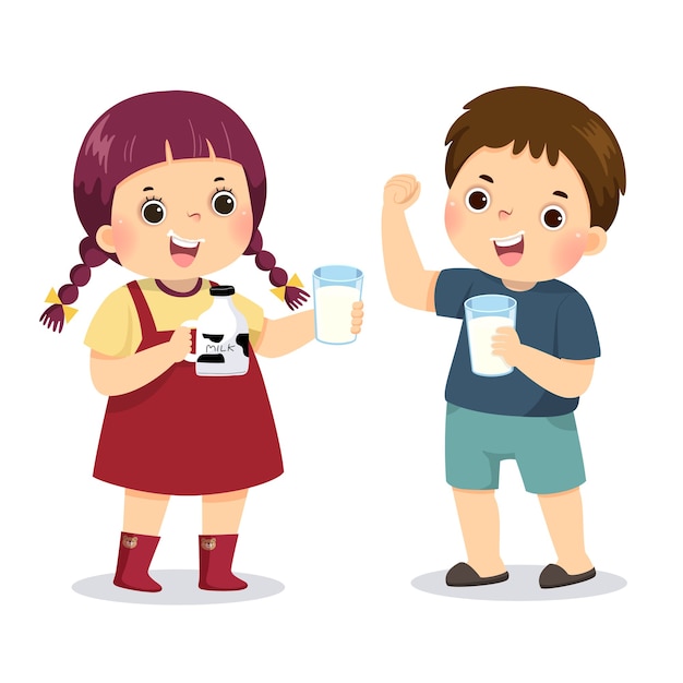 Vector illustration cartoon of a little boy holding glass of milk and showing his strength with girl drinking milk.